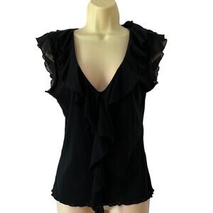 The Limited Black Nylon Mesh Knit Top Blouse Woman Medium V-Neck Ruffle